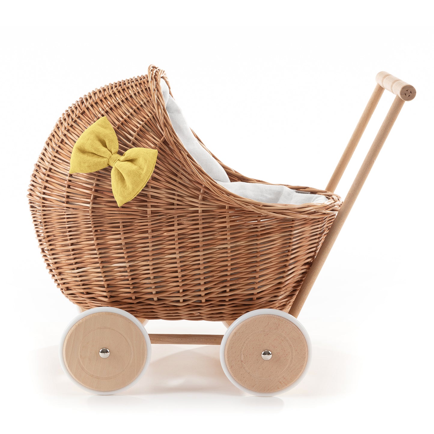 Desayer Handgemaakte rieten poppenwagen met witte afwerking, dekentje en kussentje