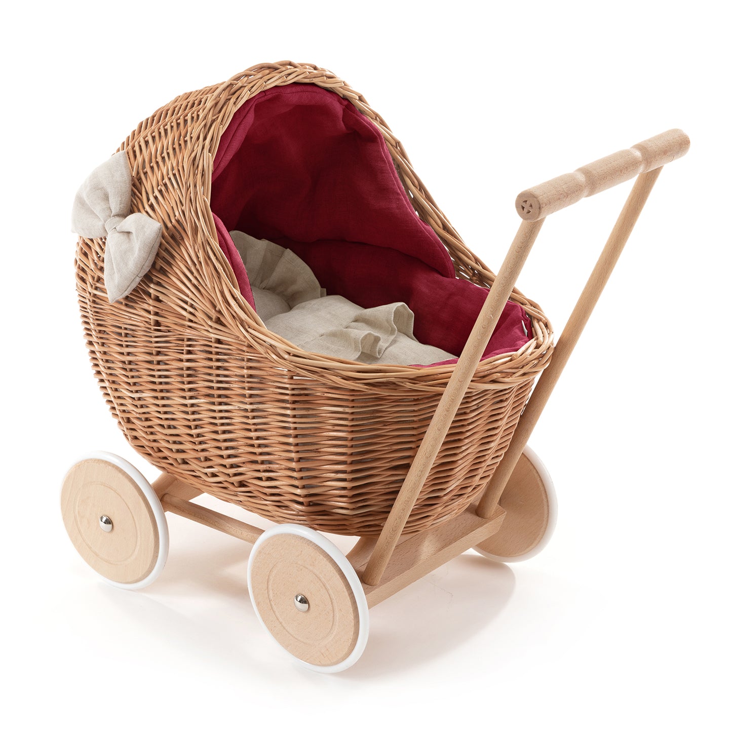 Desayer Rieten poppenwagen met rode bies, inclusief dekentje en kussentje, met handvat