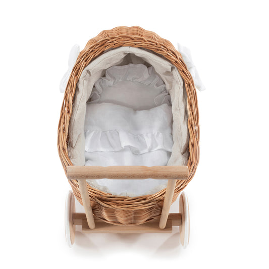Desayer wicker doll stroller with white trim, blanket, and pillow TheWickerStories