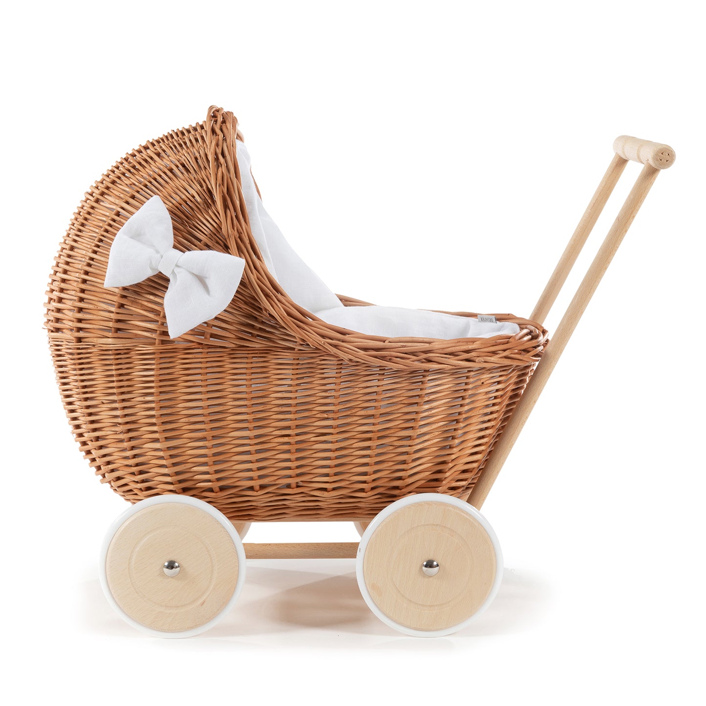 Desayer Handgemaakte rieten poppenwagen met witte afwerking, dekentje en kussentje