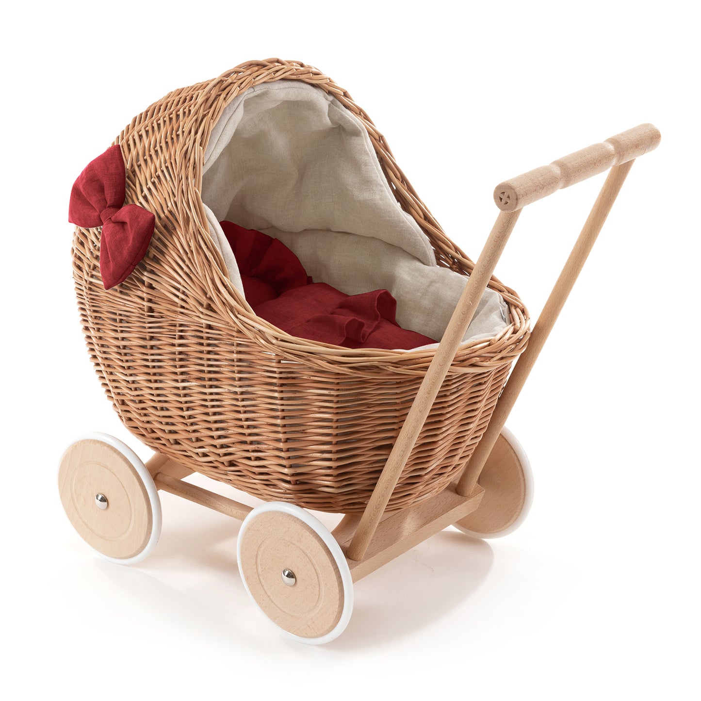 Desayer Rieten poppenwagen met rode bies, inclusief dekentje en kussentje