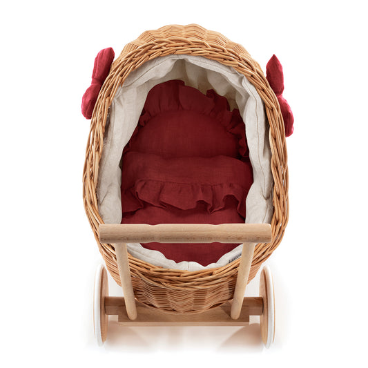 Desayer wicker doll stroller with red trim, blanket, and pillow TheWickerStories