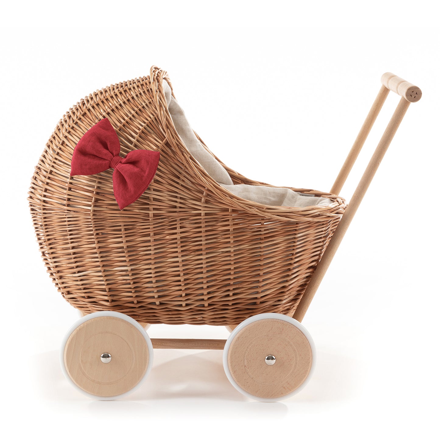 Desayer wicker doll stroller with red trim, blanket, and pillow TheWickerStories