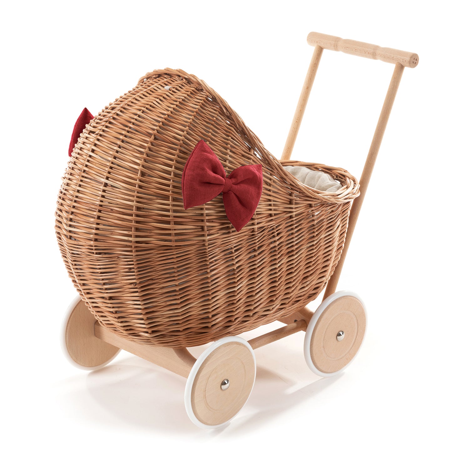 Desayer Rieten poppenwagen met rode bies, inclusief dekentje en kussentje