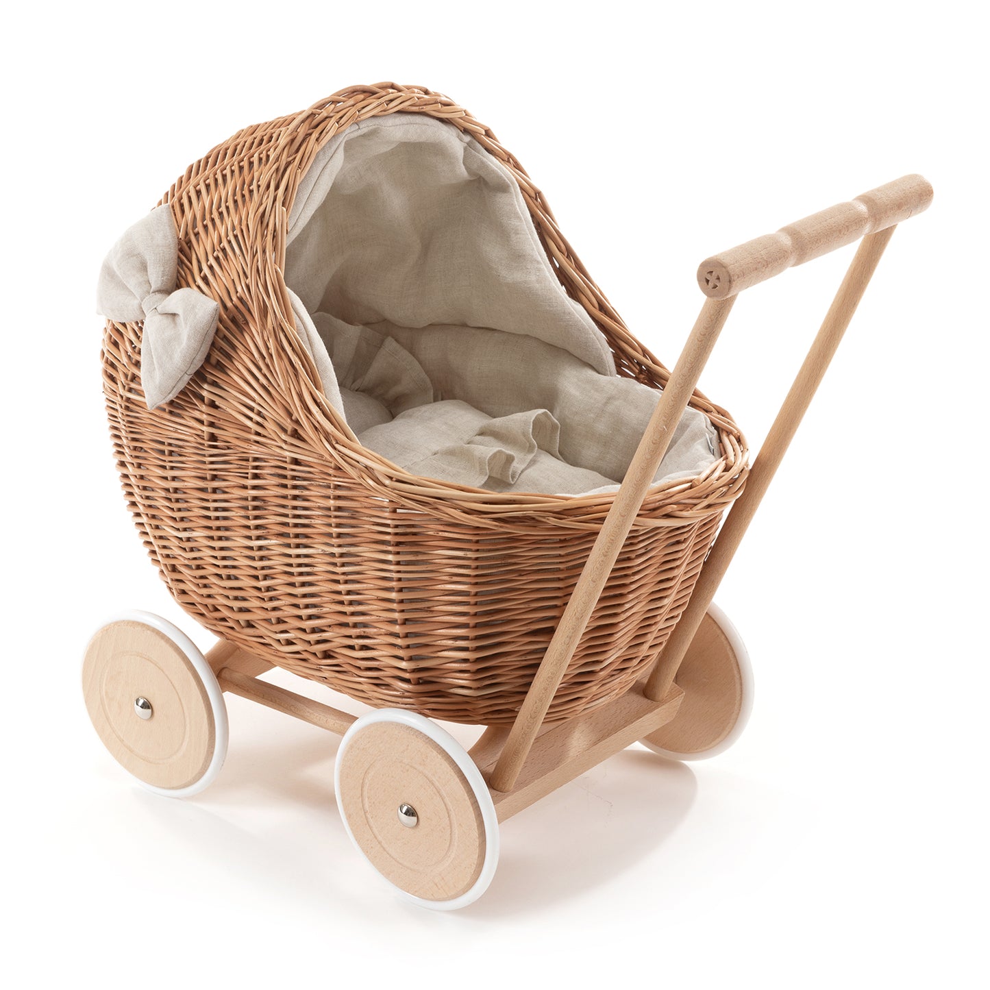 Desayer rieten poppenwagen met beige bekleding, handvat, kussentje en dekentje