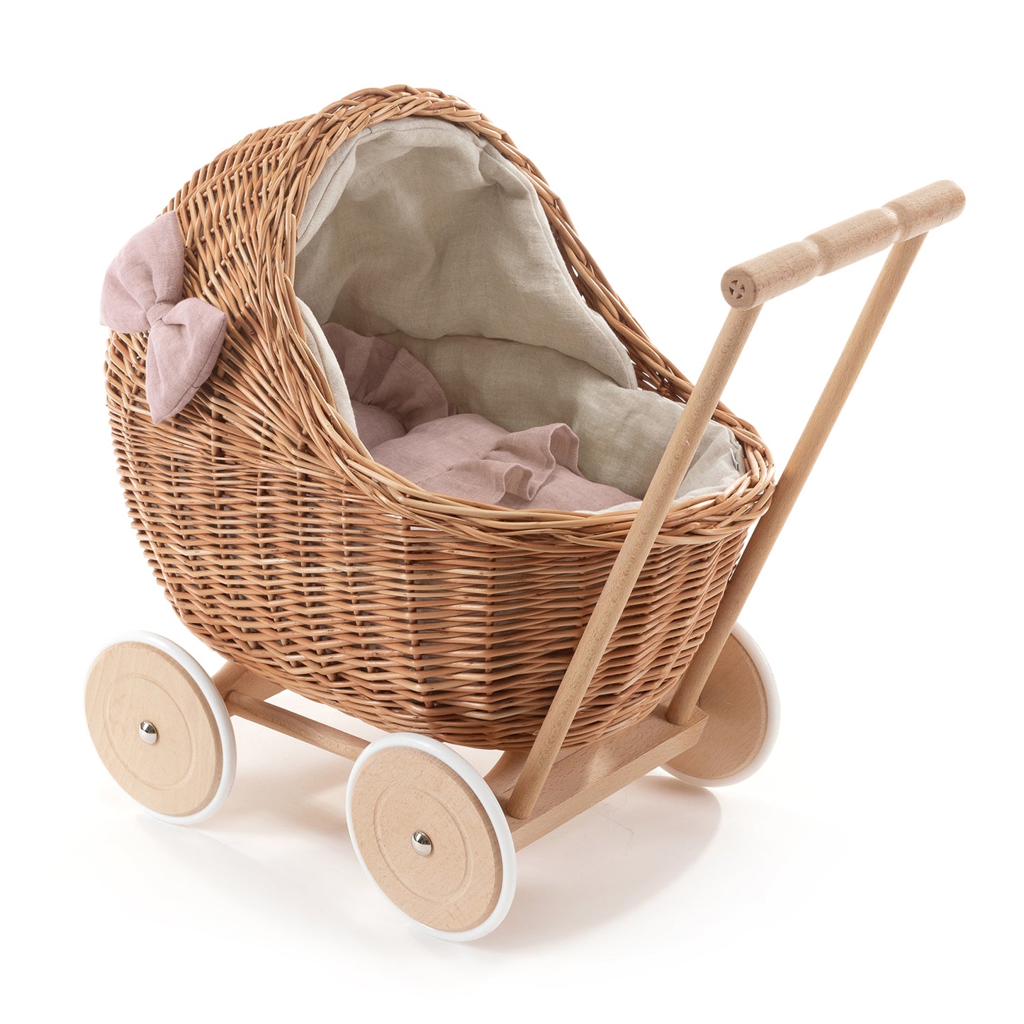Desayer Rieten poppenwagen met roze bies, inclusief handvat, kussentje en dekentje