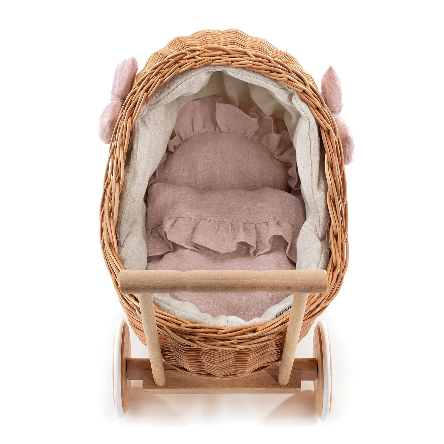 Desayer Rieten poppenwagen met roze bies, inclusief handvat, kussentje en dekentje
