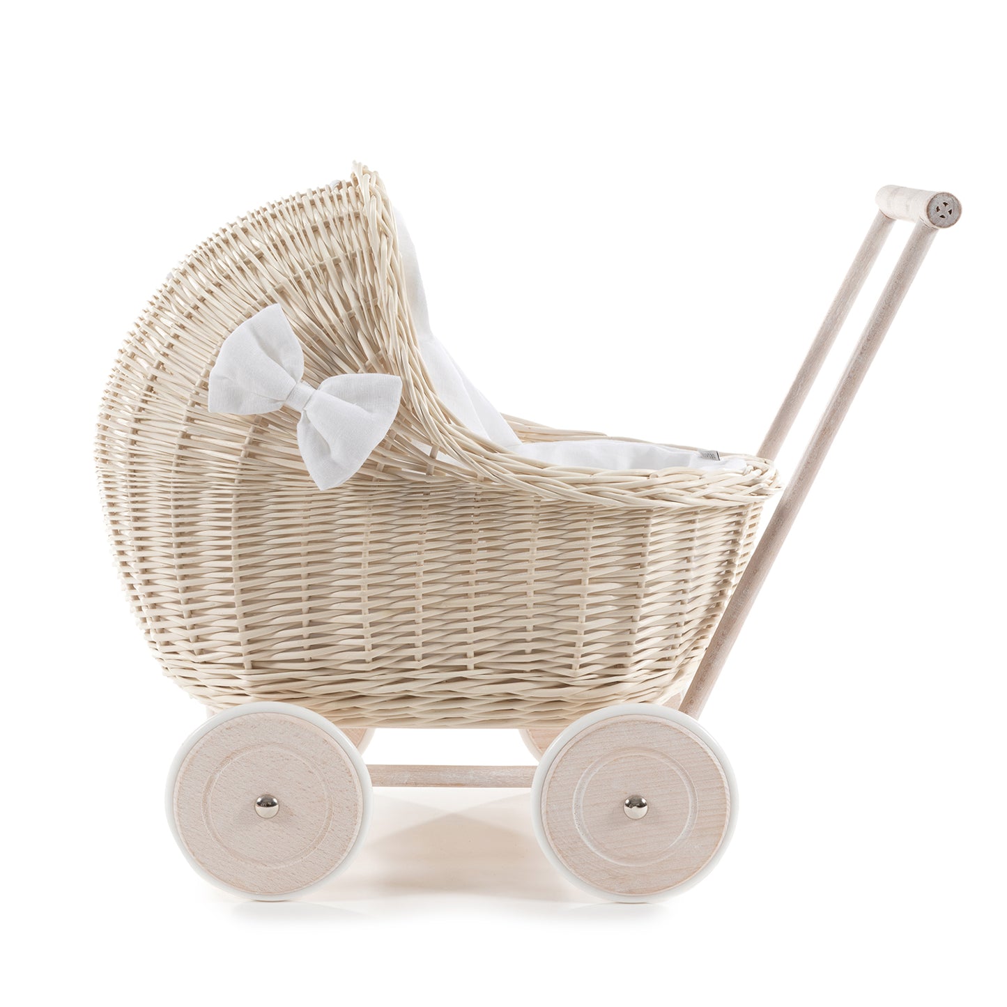 Desayer carrito de mimbre para muñecas con ribete blanco, edredón y almohada, con asa TheWickerStories