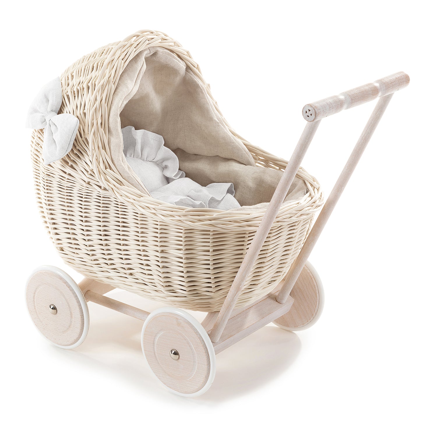 Desayer Rieten poppenwagen met beige linnen afwerking, inclusief handvat, dekentje en kussentje.
