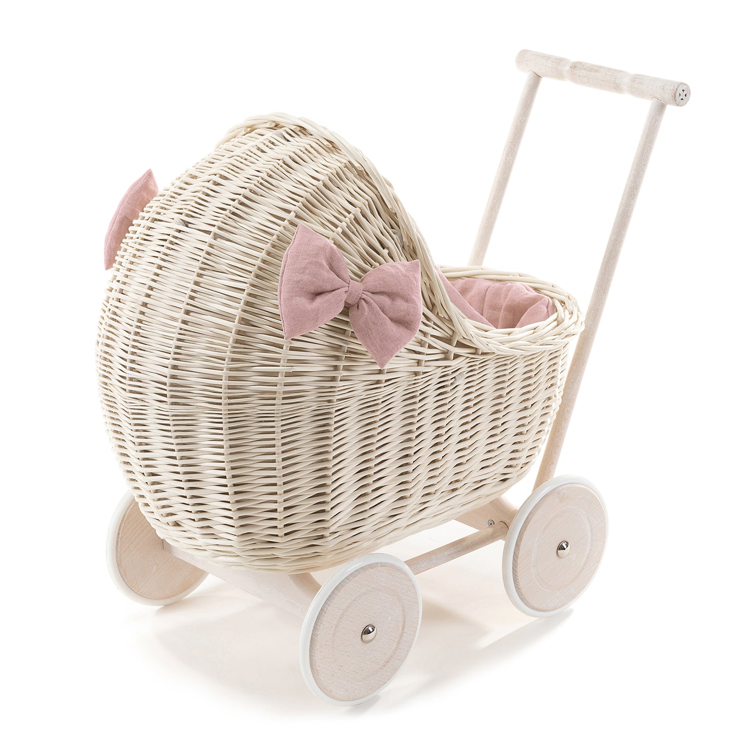 Desayer Rieten poppenwagen met linnen afwerking en roze beddengoed voor poppen, inclusief dekentje, kussentje en handvat