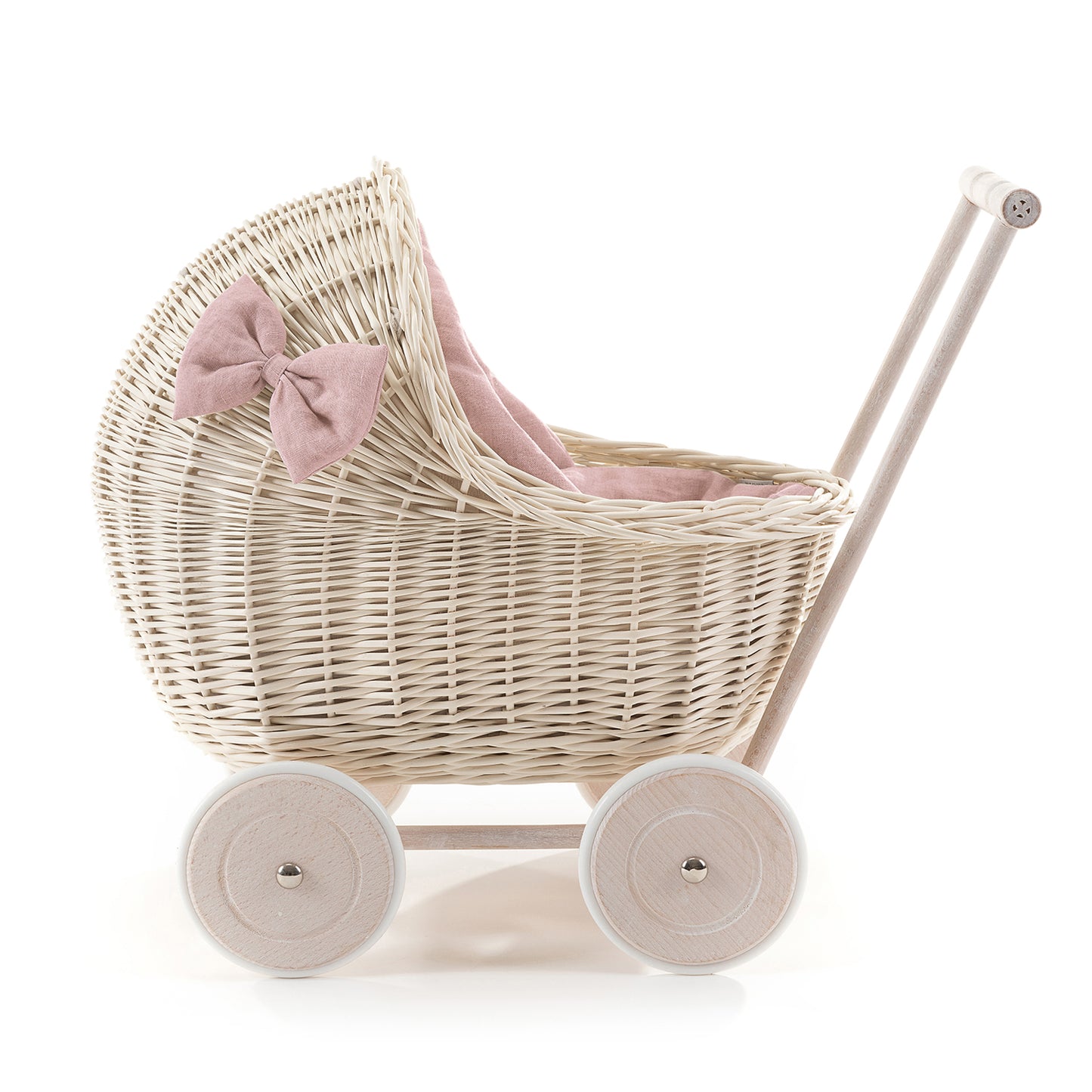 Desayer wicker doll stroller with linen trim and pink bedding, including a quilt, pillow, and handle TheWickerStories