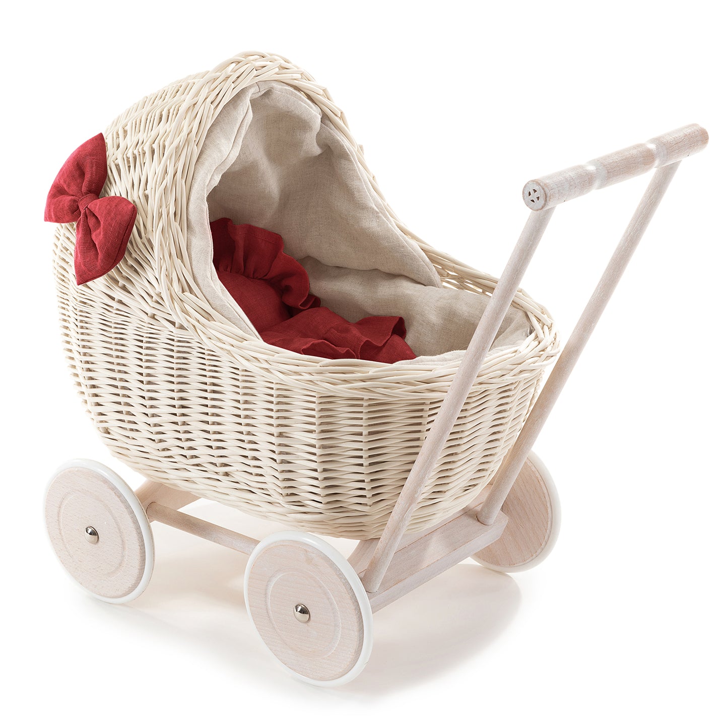 Desayer Rieten poppenwagen met linnen afwerking en rood beddengoed, met handvat, dekentje en kussentje