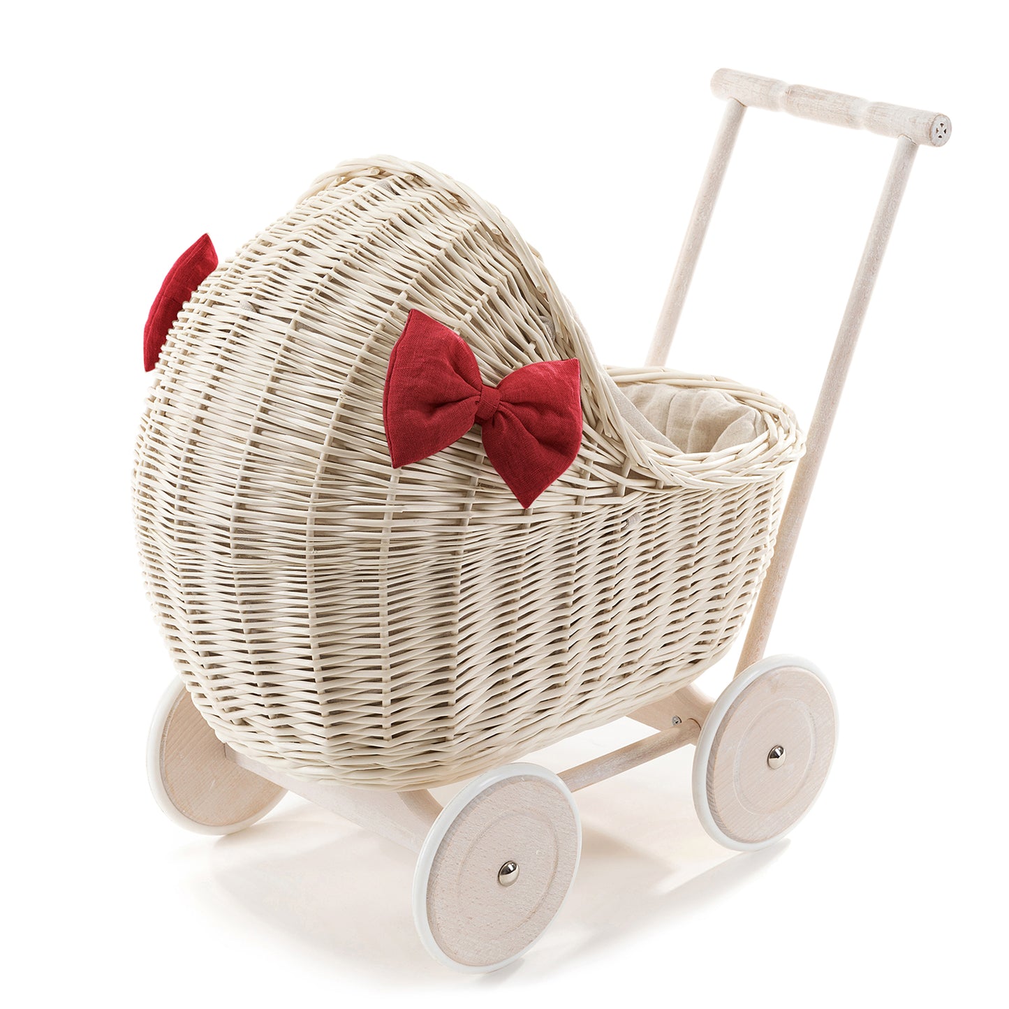 Desayer Rieten poppenwagen met linnen afwerking en rood beddengoed, met handvat, dekentje en kussentje
