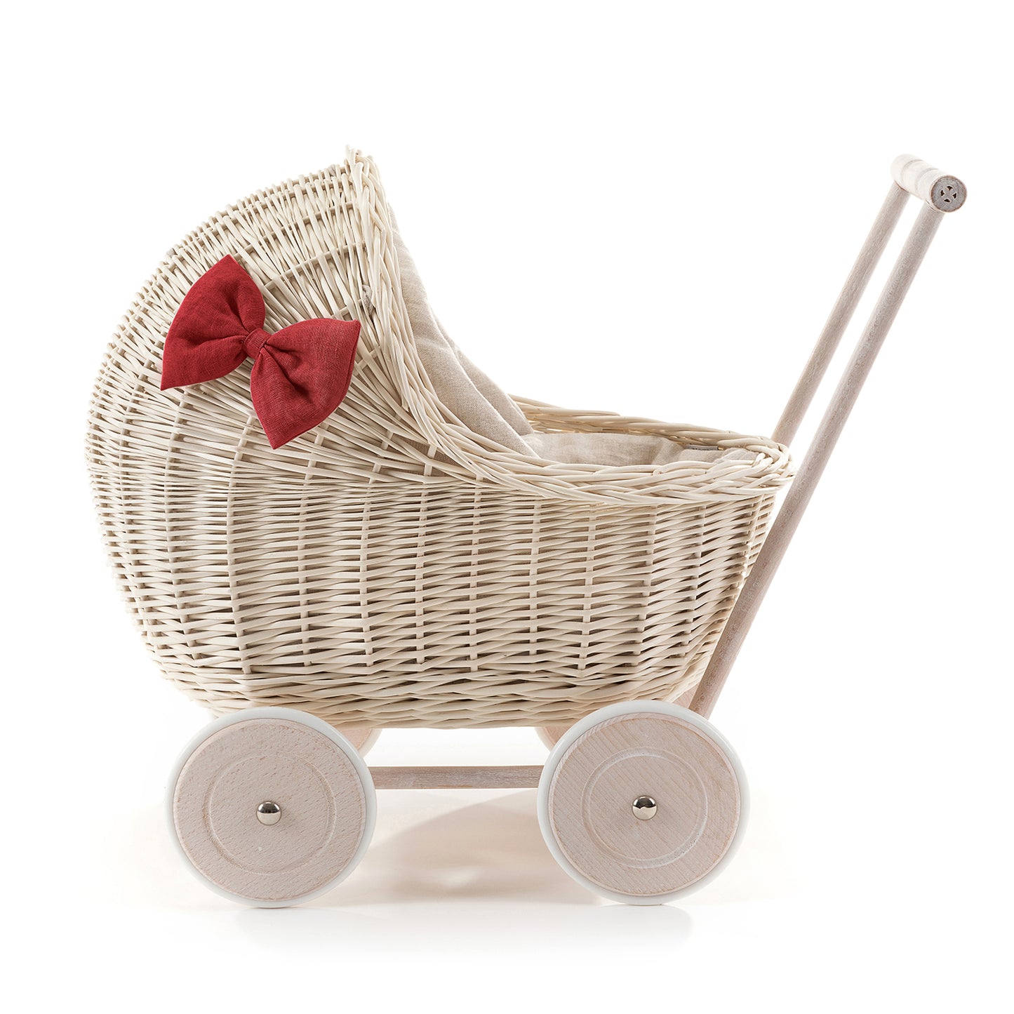Desayer Rieten poppenwagen met linnen afwerking en rood beddengoed, met handvat, dekentje en kussentje