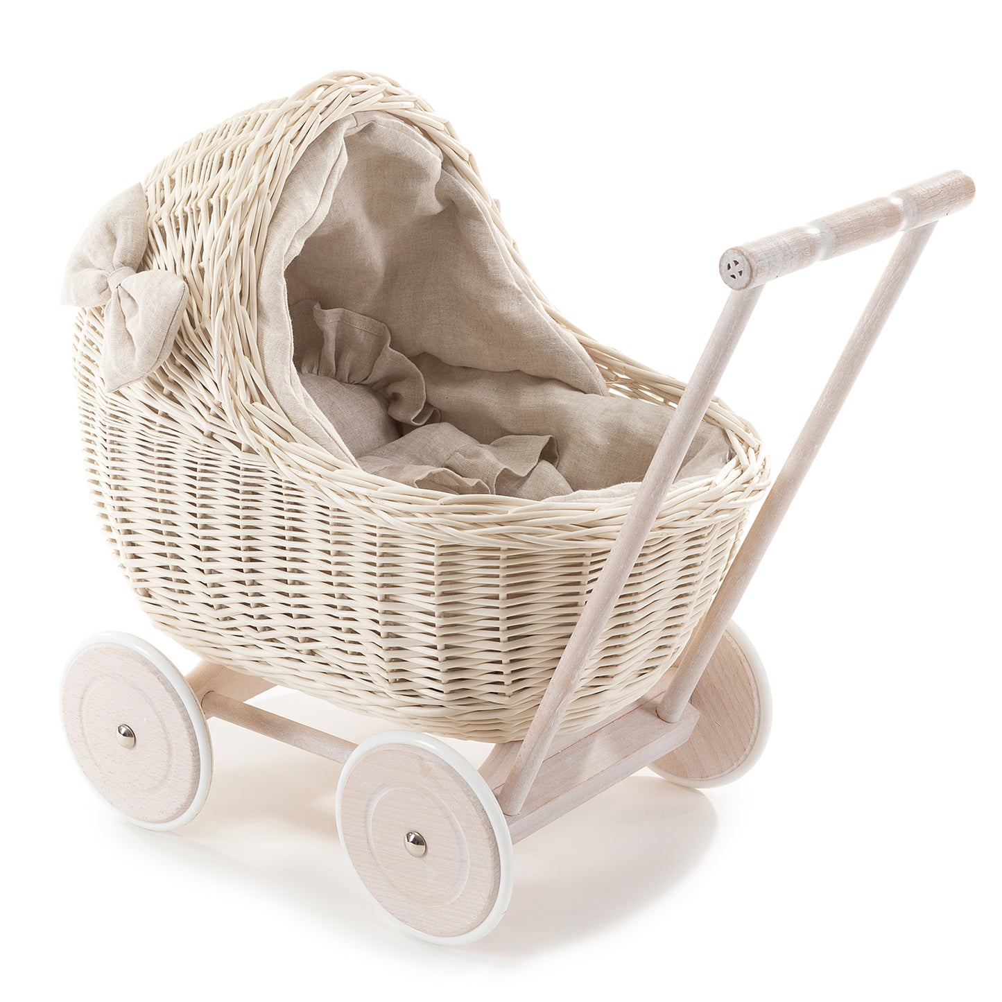 Desayer Rieten poppenwagen met crèmekleurige afwerking, dekentje en kussentje