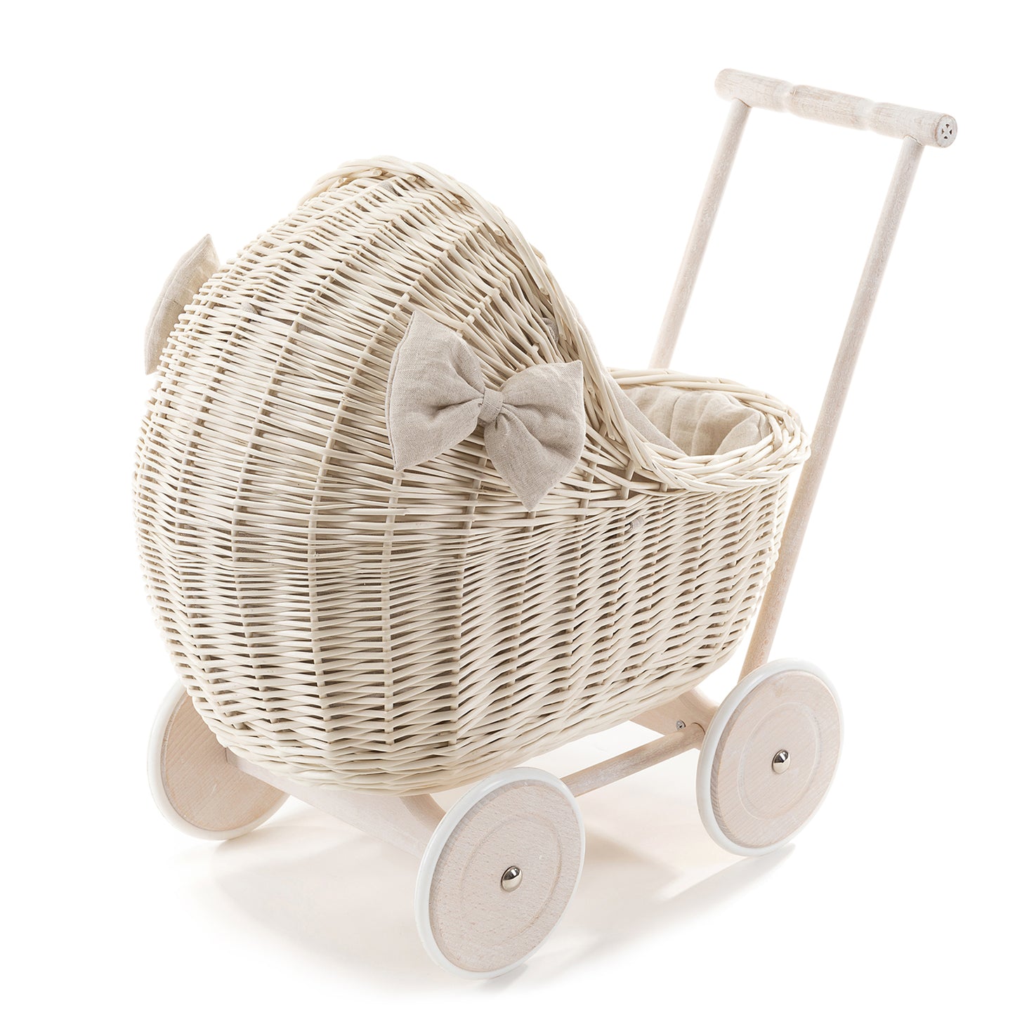Desayer Rieten poppenwagen met crèmekleurige afwerking, dekentje en kussentje