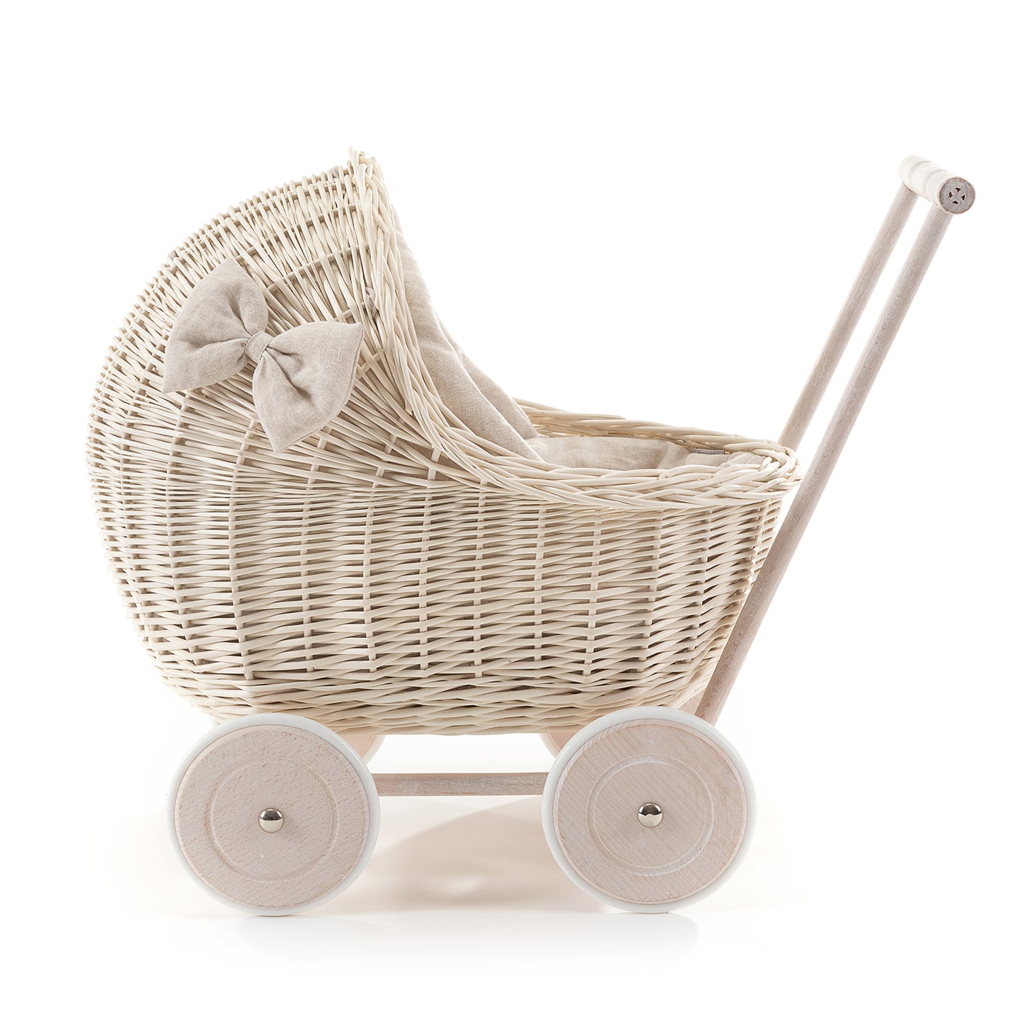 Desayer Poussette en osier pour poupée, bordée d'un tissu crème, avec couette et coussin. TheWickerStories