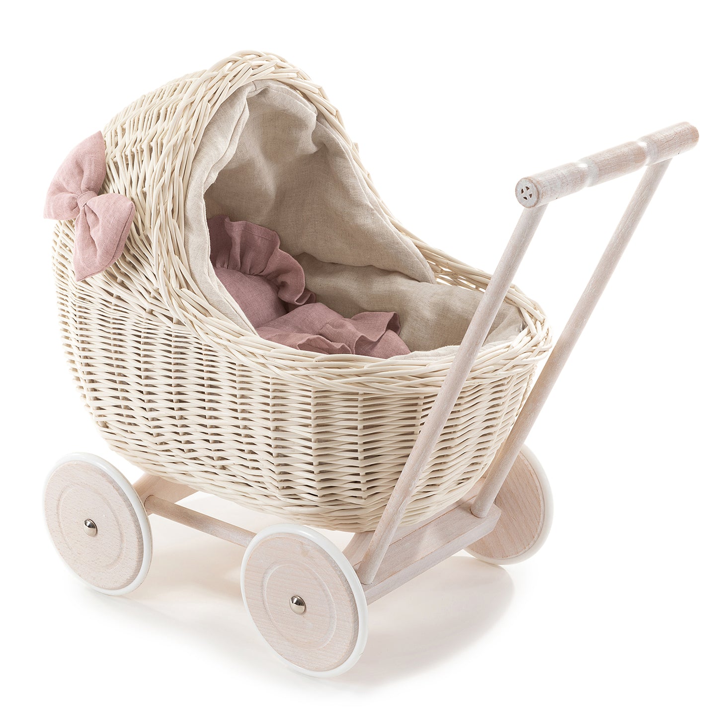 Desayer Rieten poppenwagen met roze bies, inclusief dekentje en kussentje, met handvat