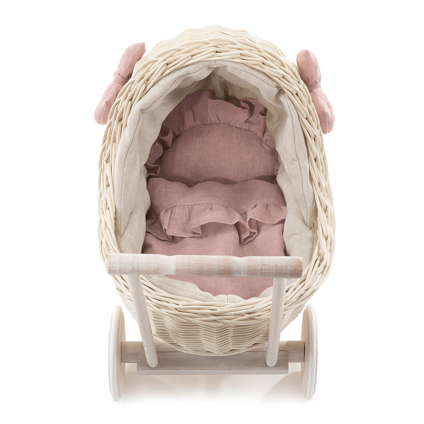 Desayer Rieten poppenwagen met roze bies, inclusief dekentje en kussentje, met handvat
