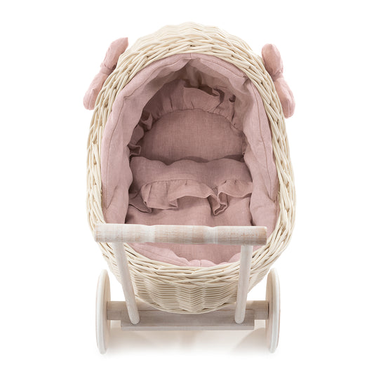 Desayer wicker doll stroller with pink trim, blanket, and pillow TheWickerStories