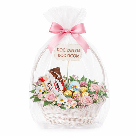 gevlochten geschenkmand voor bloemen en snoepjes met een hoog handvat