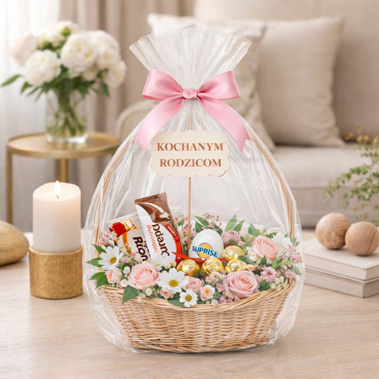gevlochten geschenkmand van riet voor bloemen en snoep met hoge handgreep