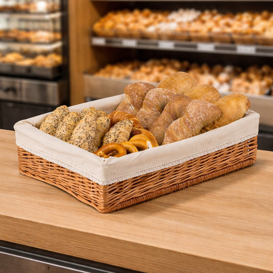 wicker display box for bread and fruit with beige trim - basket
