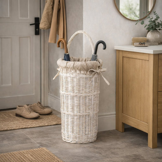 Vulpes wiklinowy kosz na parasole z beżowym obszyciem TheWickerStories