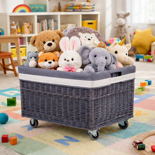 wicker toy storage basket with gray trim