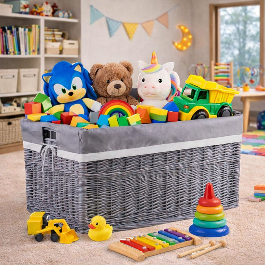 wicker toy storage basket with gray trim