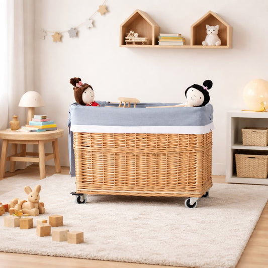 wicker basket with blue trim and rings for storage