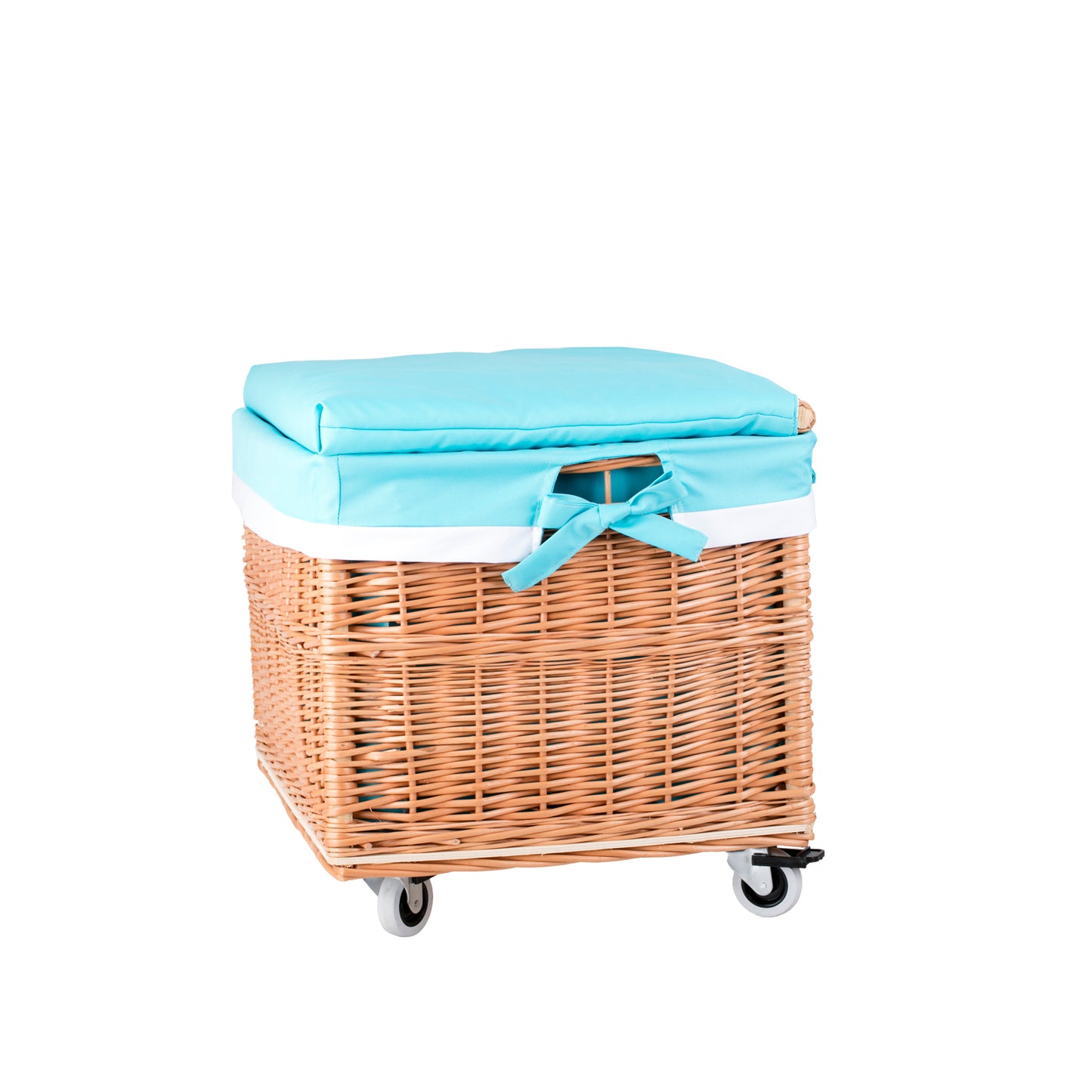 Cervus panier en osier avec doublure bleue et roulettes