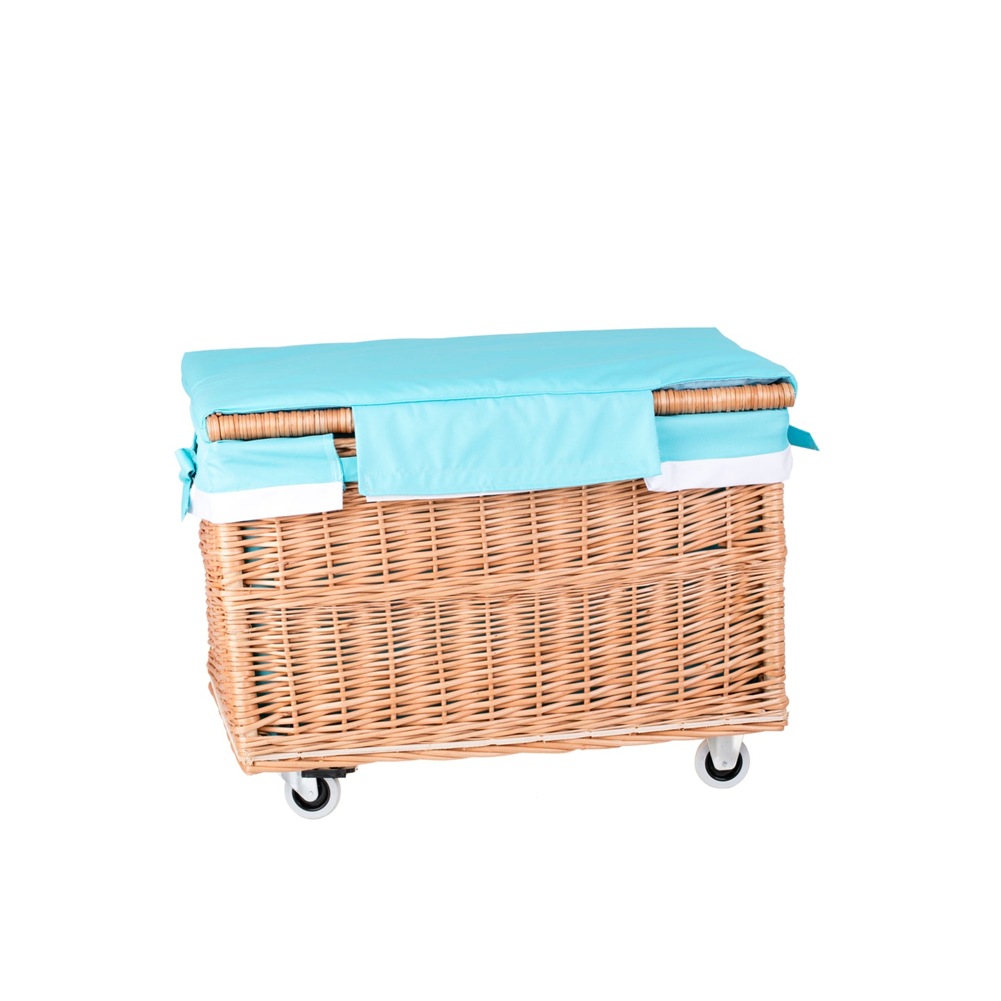 Cervus panier en osier avec doublure bleue et roulettes