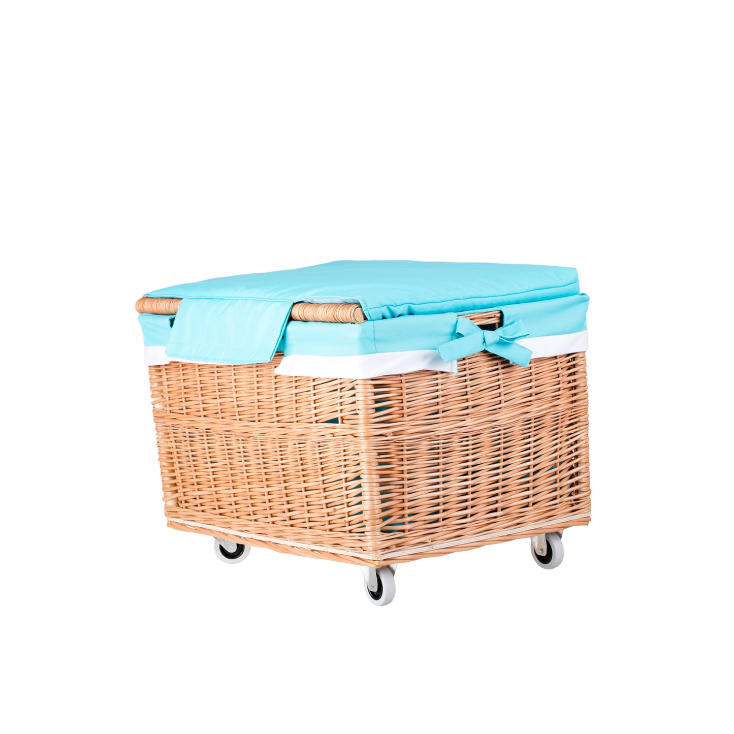 Cervus panier en osier avec doublure bleue et roulettes