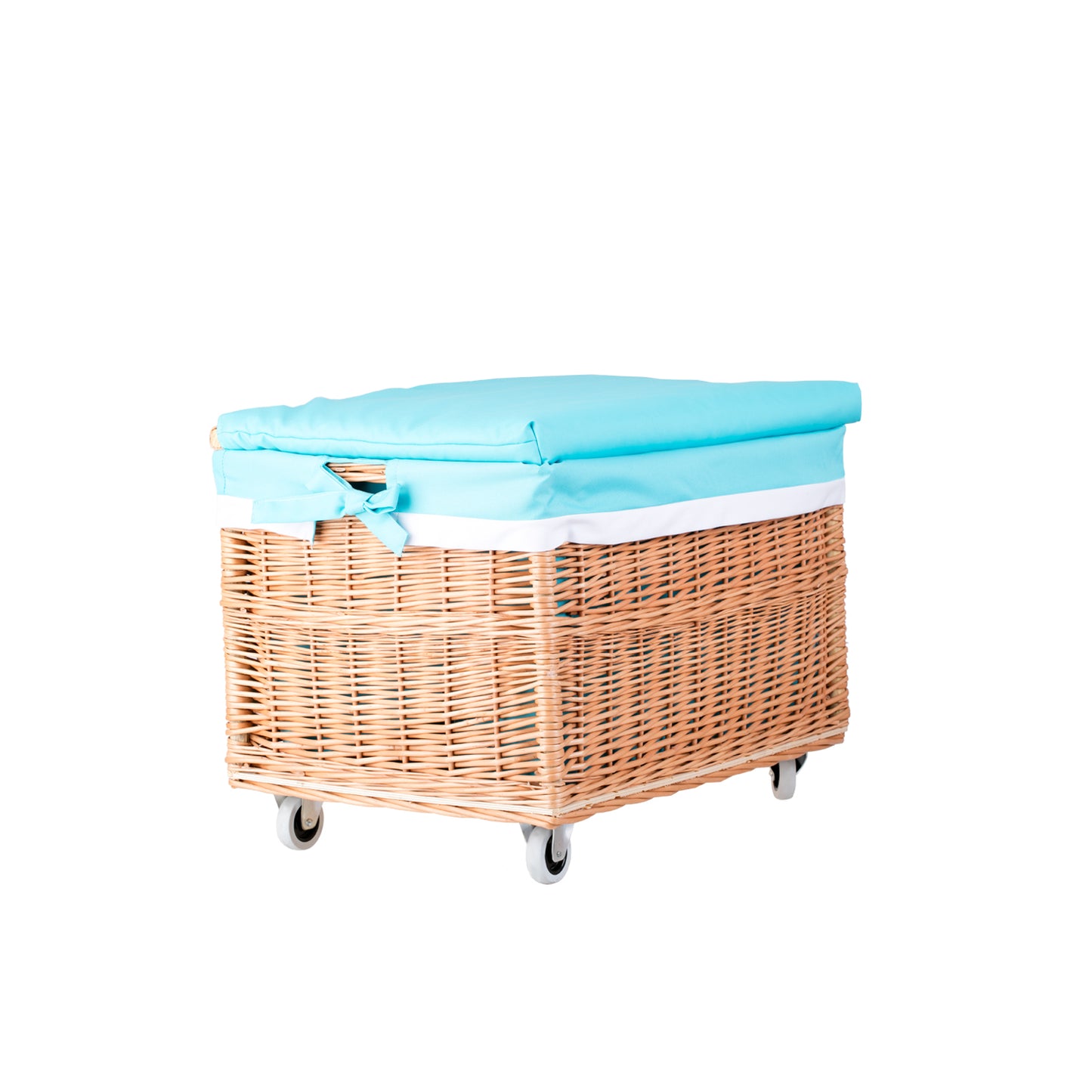 Cervus panier en osier avec doublure bleue et roulettes