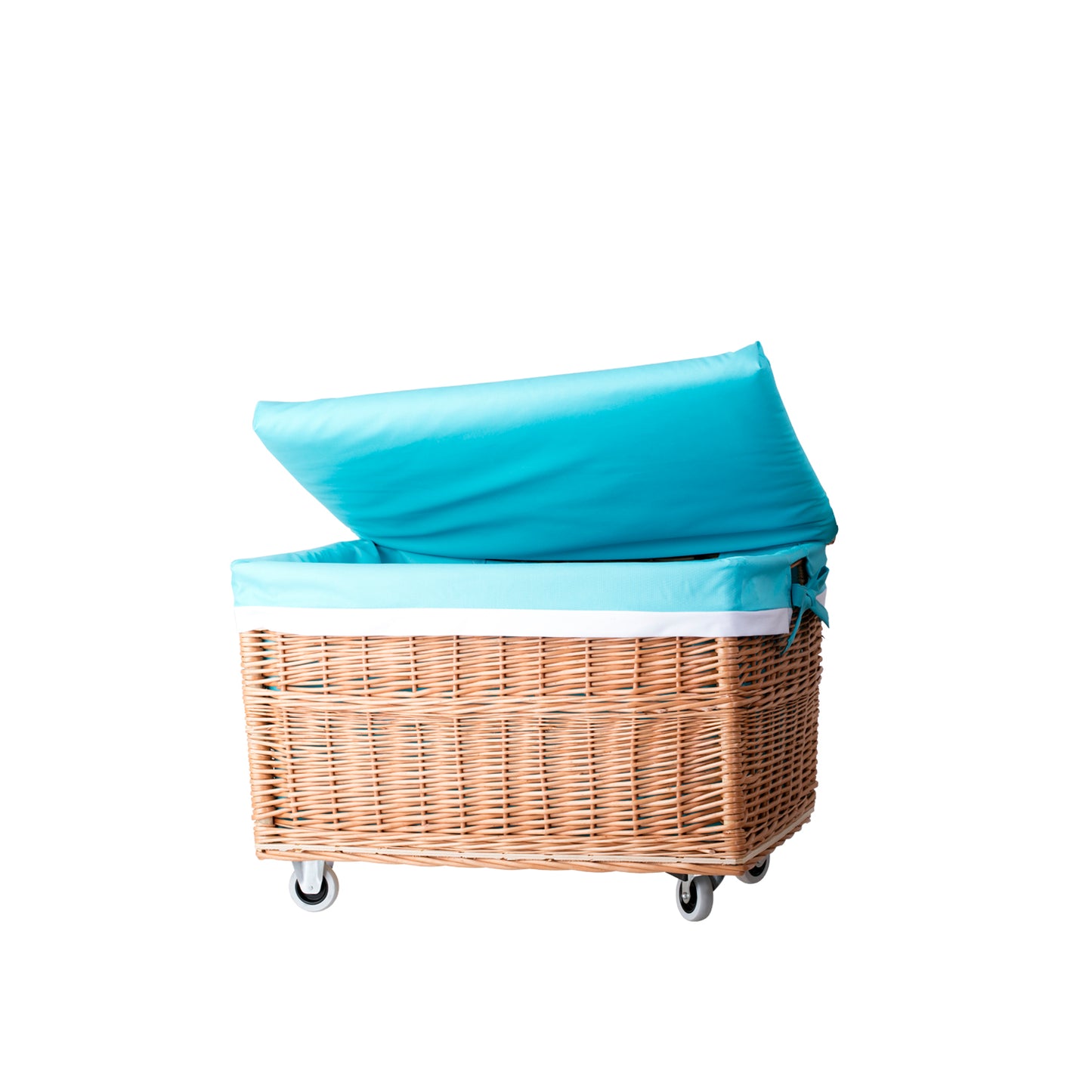 Cervus panier en osier avec doublure bleue et roulettes