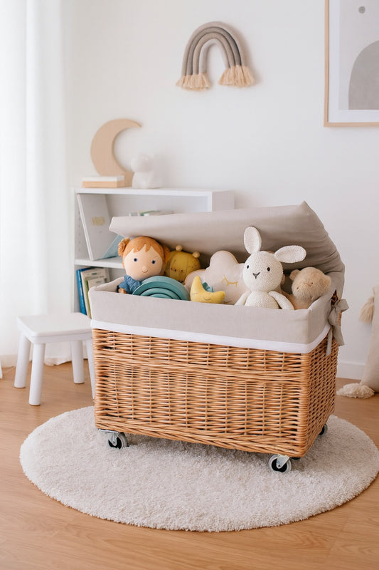 wicker storage basket with beige trim and wheels