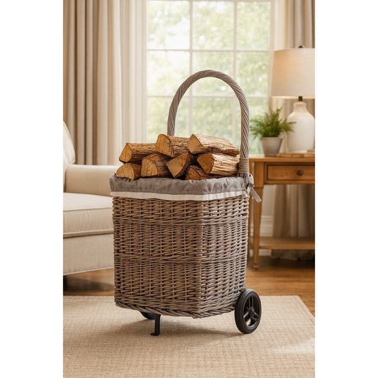 Solette wicker firewood basket with grey lining, wheels and handle TheWickerStories