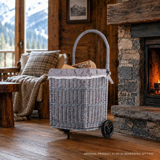 wicker firewood basket with grey lining, wheels and handle