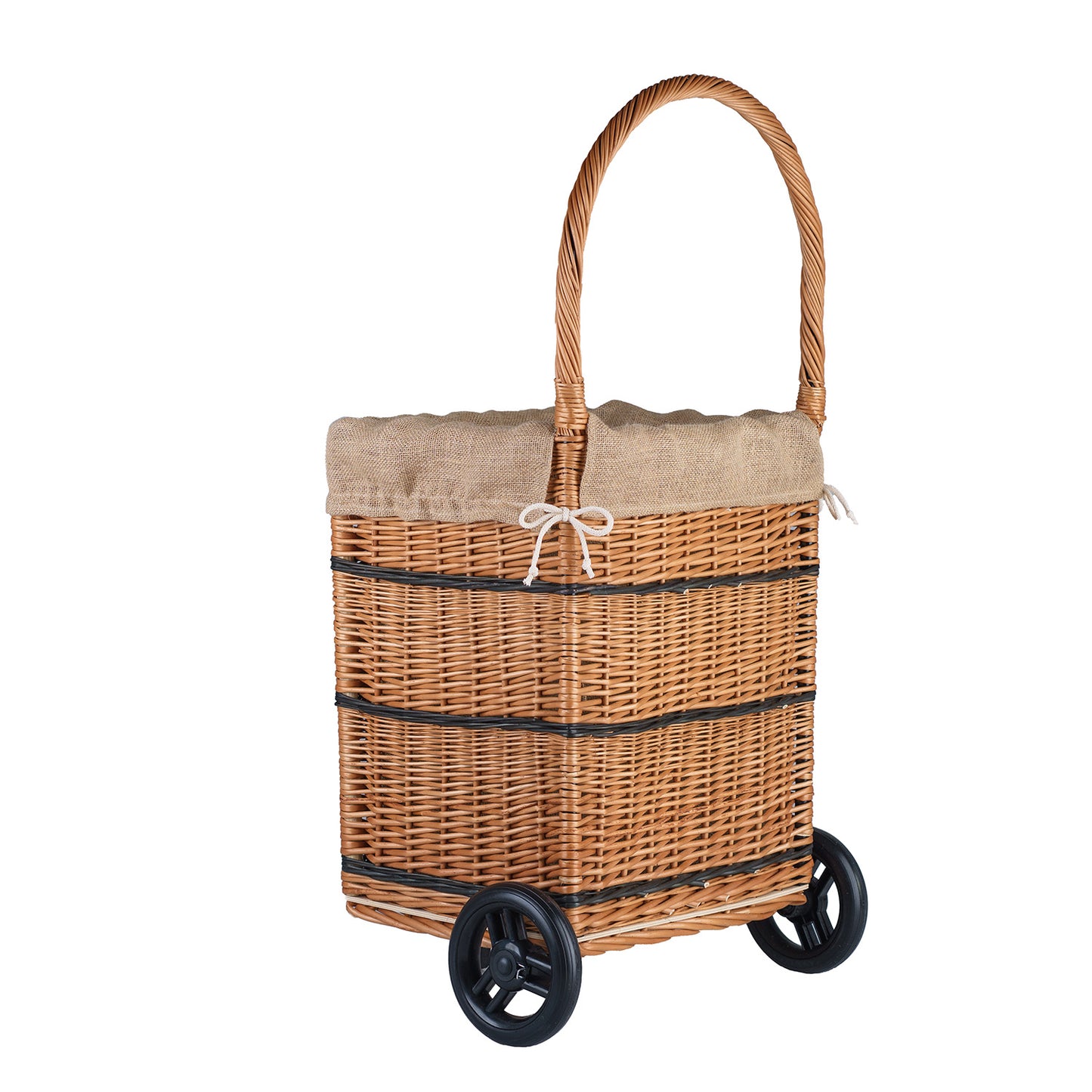 Solette panier de cheminée en osier avec bordure en jute, roulettes et poignée