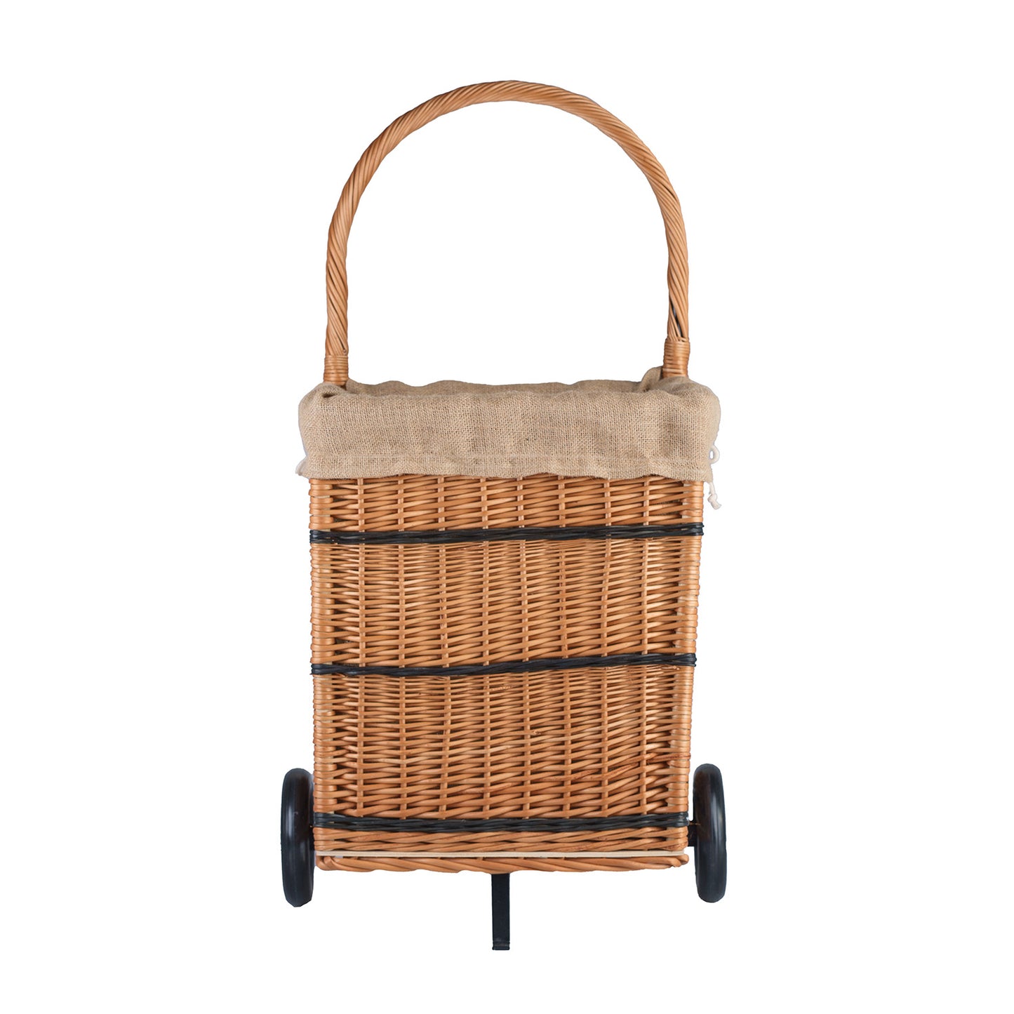 Solette panier de cheminée en osier avec bordure en jute, roulettes et poignée