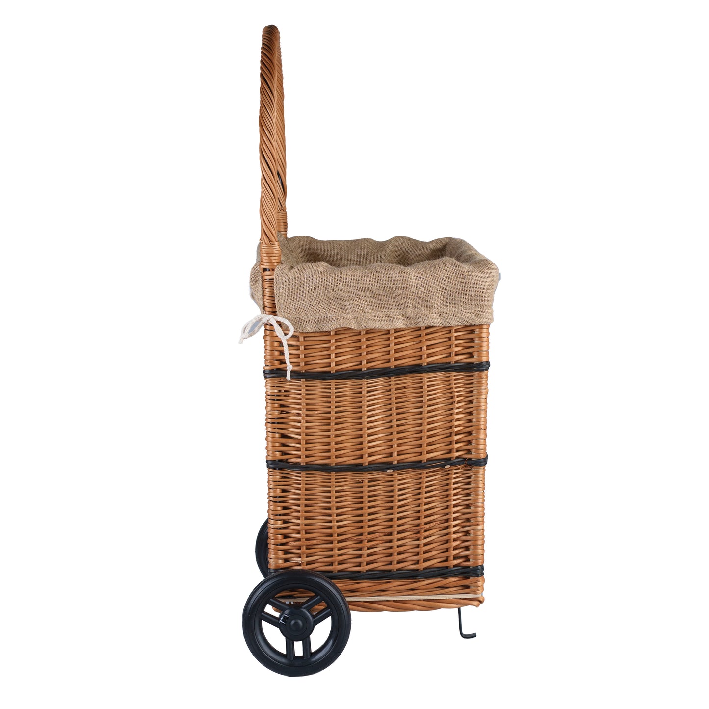Solette panier de cheminée en osier avec bordure en jute, roulettes et poignée