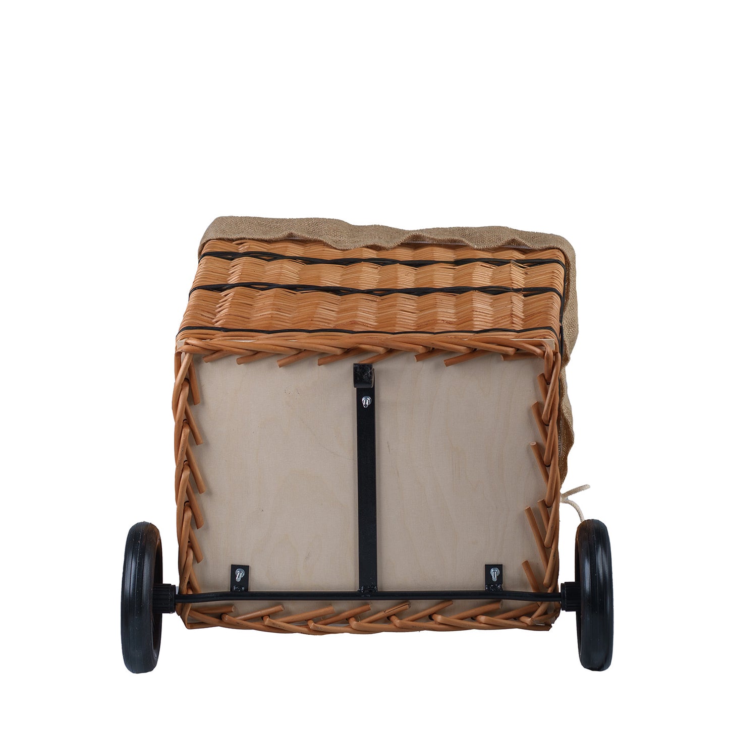 Solette panier de cheminée en osier avec bordure en jute, roulettes et poignée