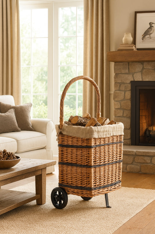 Solette cesta de mimbre para chimenea con ribete de yute, ruedas y asa TheWickerStories