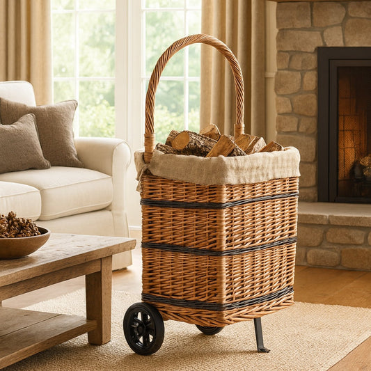 Solette wicker fireplace basket with jute trim, wheels, and handle TheWickerStories