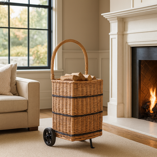 wicker firewood basket with wheels and handle