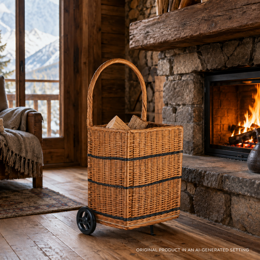 wicker firewood basket with wheels and handle