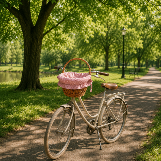 wicker bike basket with pink trim, leather straps and handle