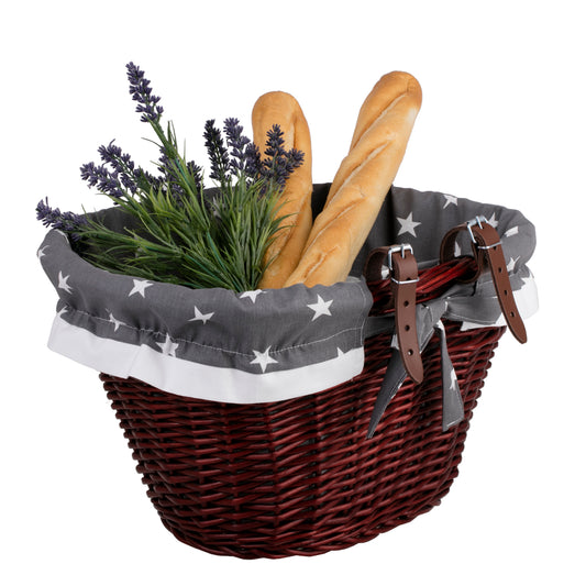 Paulus wicker bicycle basket with gray trim and straps TheWickerStories