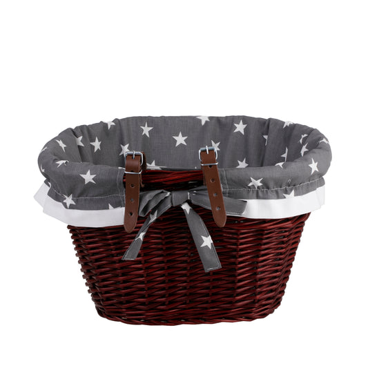 Rieten fietsmand met grijze afwerking en bevestigingsriemen
